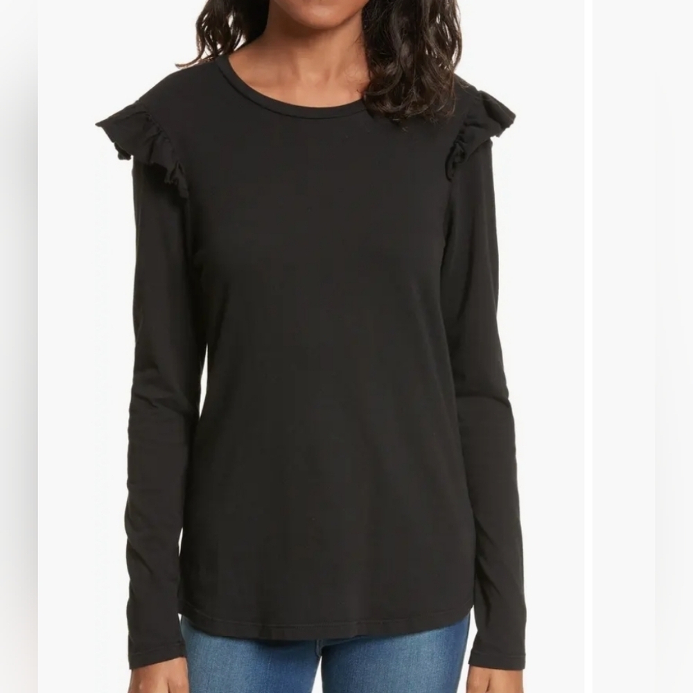 FRAME Ruffle Crewneck Long Sleeve Cotton Top In Black Size XS Women's